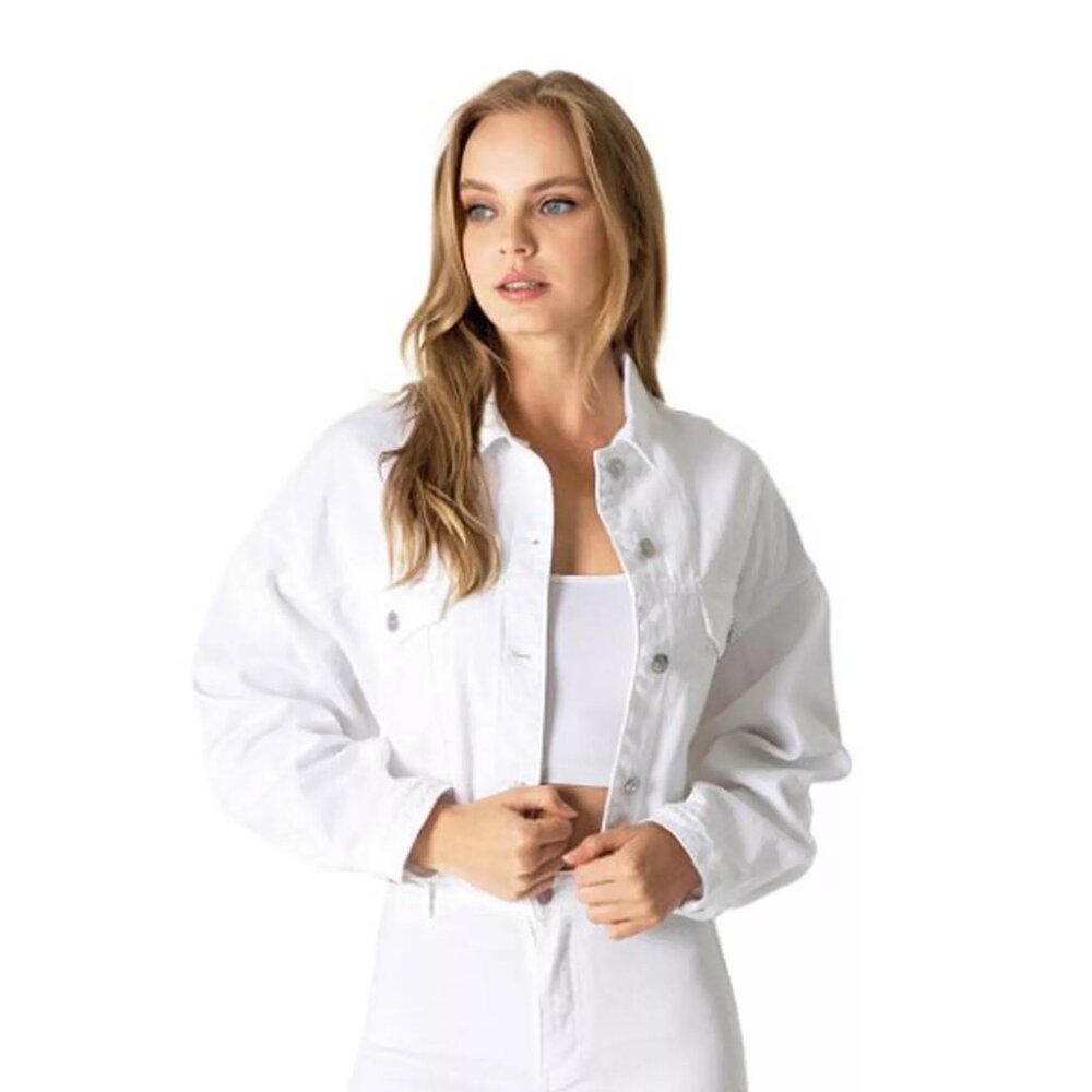 💃🏻 Love Tree | White Distressed Cropped Denim Jacket Large NWT